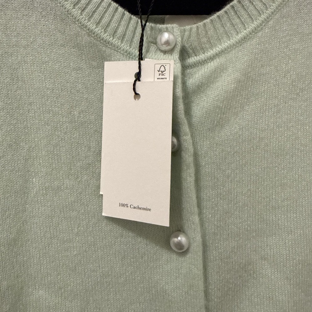 Jason Wu 100% Cashmere Cardigan M Pearl Buttons Mint Green NEW Classic Preppy - Picture 3 of 7